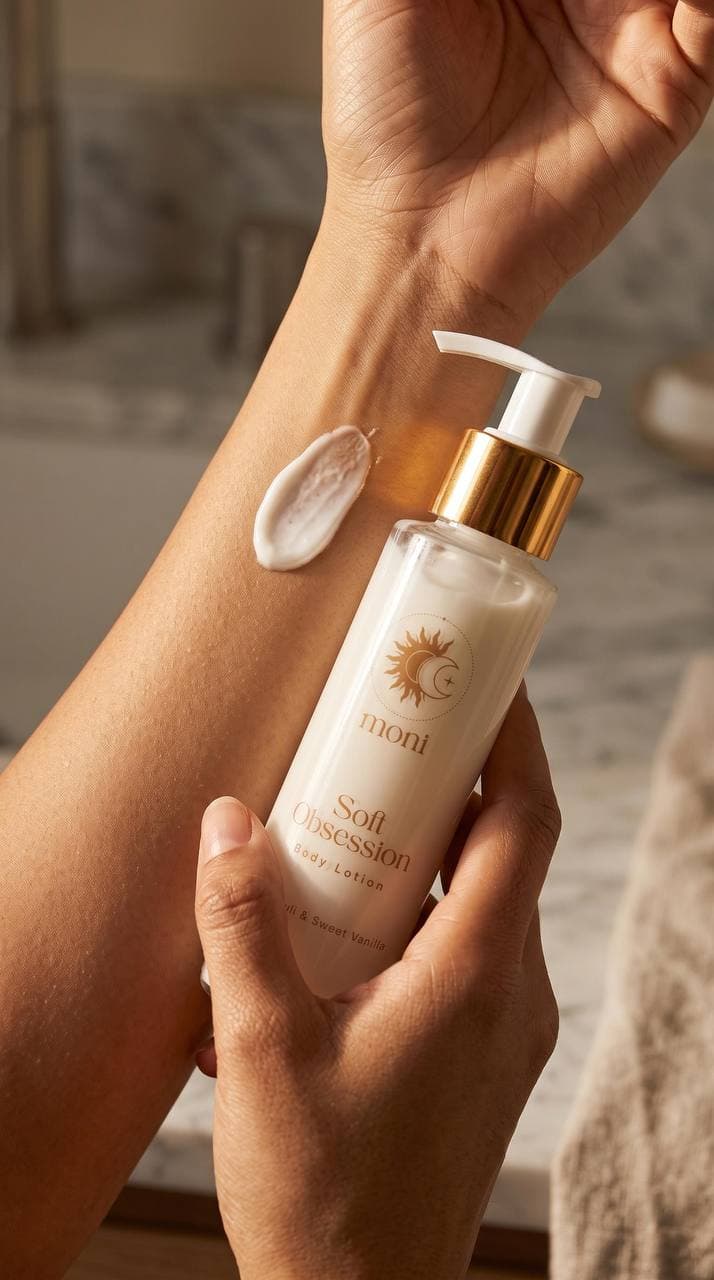 MONÌ Body Lotion held beside a softly moisturized arm in warm light