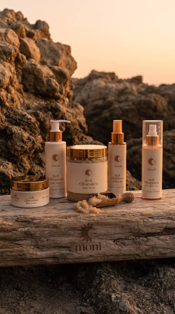 Soft Obsession collection arranged on a wooden log at sunset